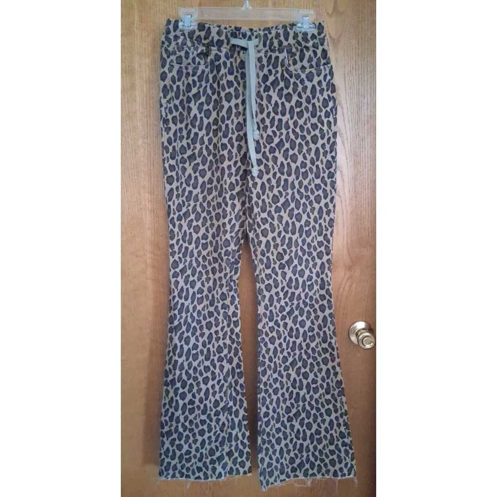 YMI Leopard Print Flared Drawstring Denim Jean Jogger Women's Medium Raw Hem